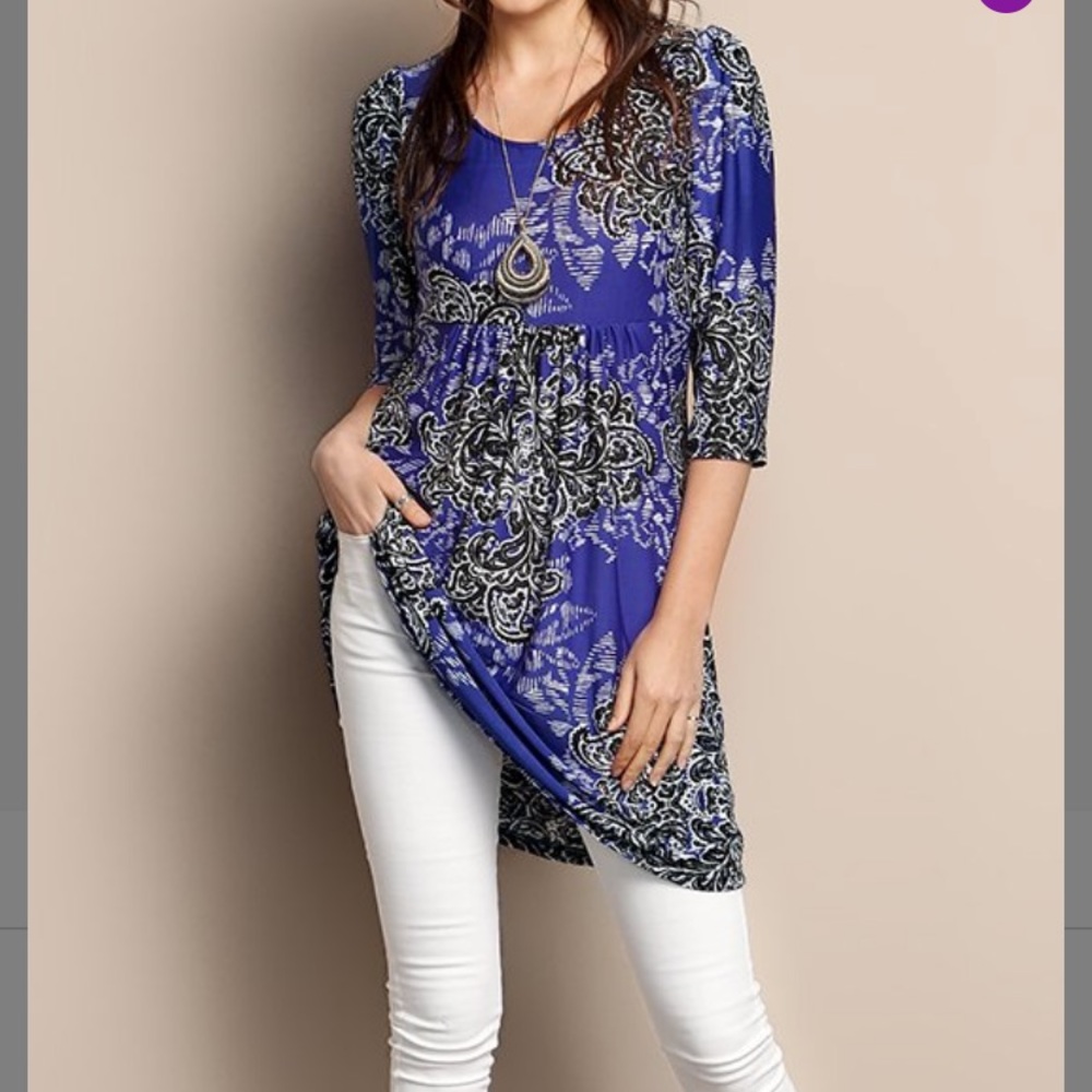 Reborn 1x tunic top/dress. Blue with black and white design. 3/4th sleeve